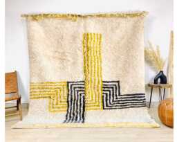 Modern Yellow & Black Line Moroccan Rug - Abstract Berber Design, Wool Shag Rug, Large Area