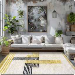 Modern Yellow & Black Line Moroccan Rug - Abstract Berber Design, Wool Shag Rug, Large Area - thumbnail 2