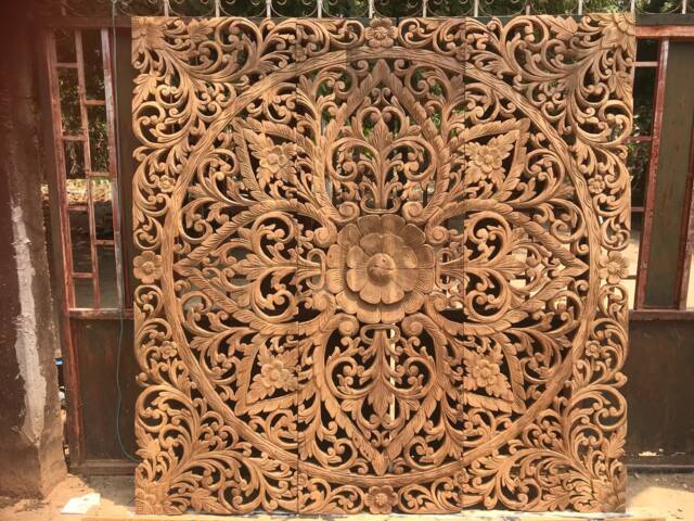 Balinese Teak Wood Headboard King Size Carved Wall Art - image 1