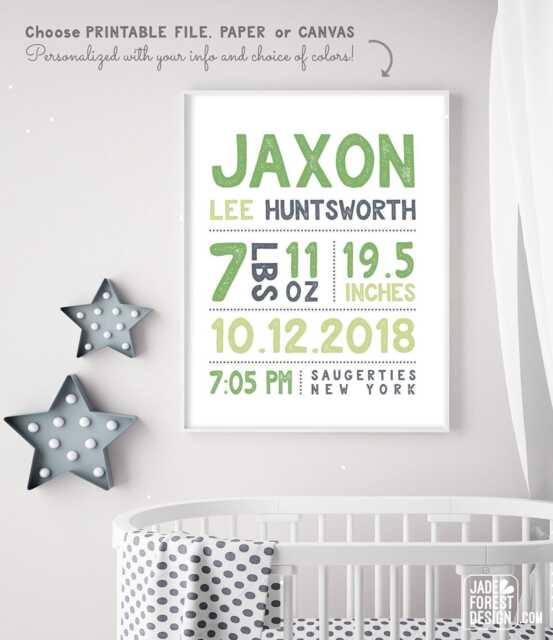 Birth Stats Wall Art Custom Baby Name Sign - Green & Gray - image 1
