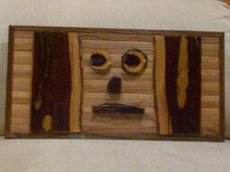 Wood Wall Art Sculpture With Geometric Oak & Pine Stained in Various Colors Accenting Desert Ironwood Sections & Pieces Arrayed As A Face