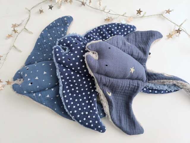 Handmade Manta Ray Baby Comforter, Blue Double Gauze Cotton Lovey, Sherpa Plush - image 1