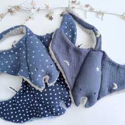 Handmade Manta Ray Baby Comforter, Blue Double Gauze Cotton Lovey, Sherpa Plush - thumbnail 2