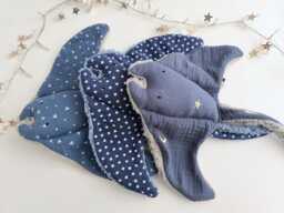 Handmade Manta Ray Baby Comforter, Blue Double Gauze Cotton Lovey, Sherpa Plush