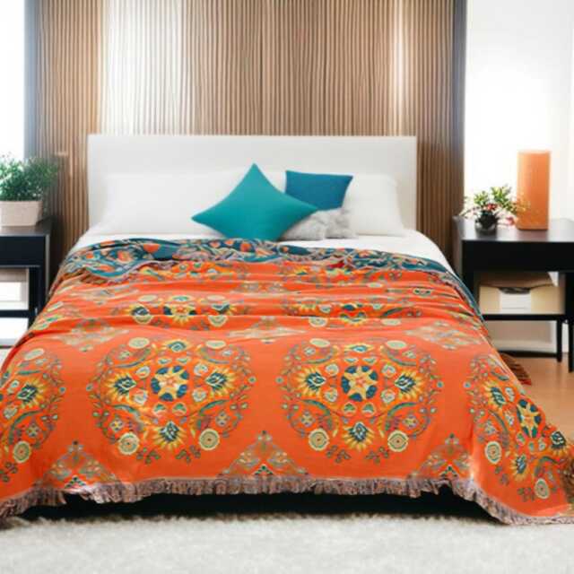 Bohemian Floral Throw Blanket Reversible Cotton Fringed Plaid - image 1