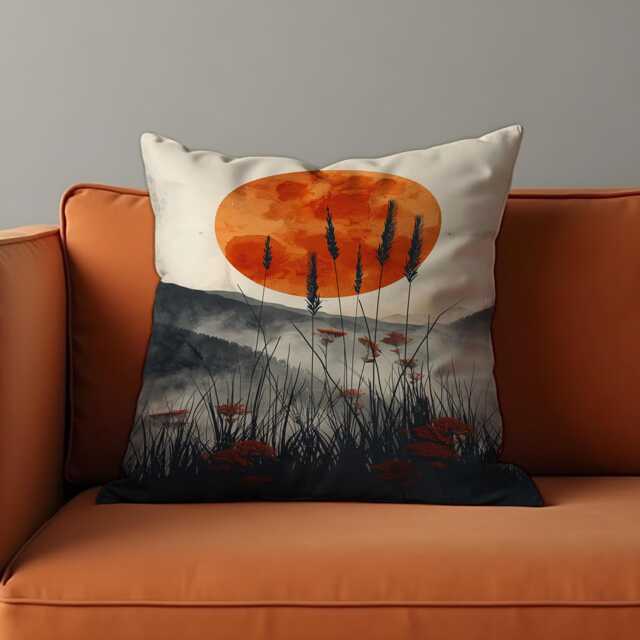 Sunset Meadow Cushion Cover, Dramatic Nature Throw Pillowcase, Bold Orange Sun, Misty Mountains & Wild Grass Silhouette, 18x18 Custom Size - image 1