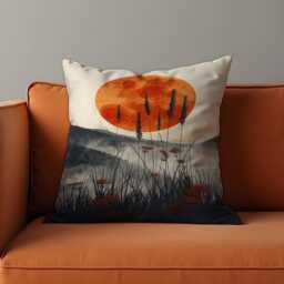 Sunset Meadow Cushion Cover, Dramatic Nature Throw Pillowcase, Bold Orange Sun, Misty Mountains & Wild Grass Silhouette, 18x18 Custom Size