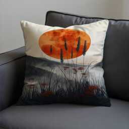 Sunset Meadow Cushion Cover, Dramatic Nature Throw Pillowcase, Bold Orange Sun, Misty Mountains & Wild Grass Silhouette, 18x18 Custom Size - thumbnail 3