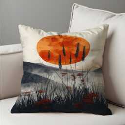 Sunset Meadow Cushion Cover, Dramatic Nature Throw Pillowcase, Bold Orange Sun, Misty Mountains & Wild Grass Silhouette, 18x18 Custom Size - thumbnail 4