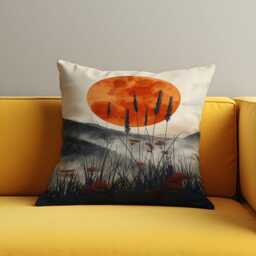 Sunset Meadow Cushion Cover, Dramatic Nature Throw Pillowcase, Bold Orange Sun, Misty Mountains & Wild Grass Silhouette, 18x18 Custom Size - thumbnail 2