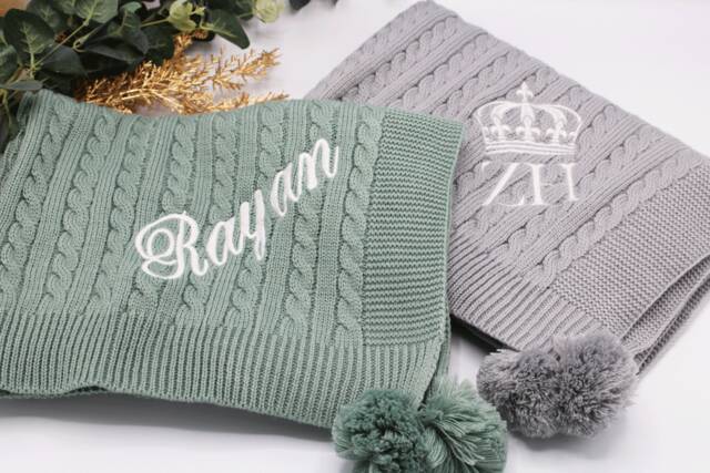 Personalised Baby Knit Blanket, Luxury Cable Knitted Personalised Embroidery Name Initial Blanket - image 1