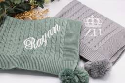 Personalised Baby Knit Blanket, Luxury Cable Knitted Personalised Embroidery Name Initial Blanket - thumbnail 1
