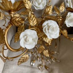 Set Of 2 Statement Made in Italy Gold Leaf Wall Lamps, Wrought Iron Sconces With White Porcelain Capodimonte Style Roses - thumbnail 4