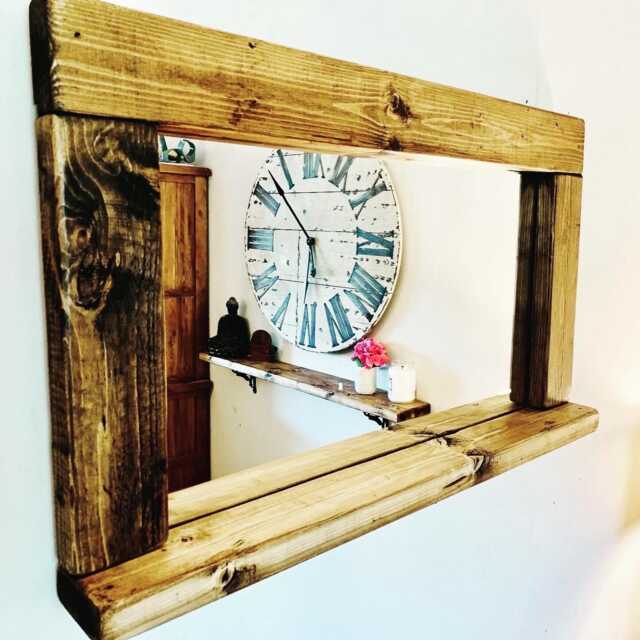 Handmade Waxed Wooden Mirror With Shelf - Rustic Farmhouse Wall Decor - image 1