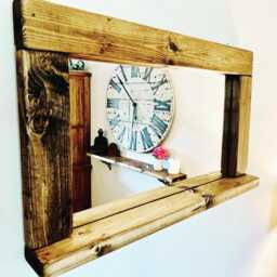 Handmade Waxed Wooden Mirror With Shelf - Rustic Farmhouse Wall Decor