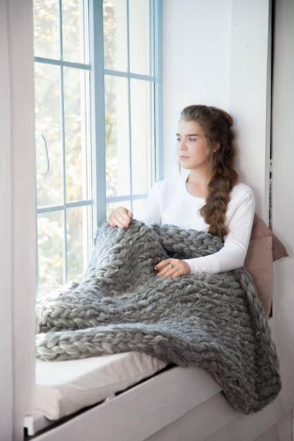 Chunky Knit Throw, 100% Wool, Bulky Blanket, Gift For Her, Christmas Gift, Home Decor, Knitting, Handmade Knit, Latte - image 1