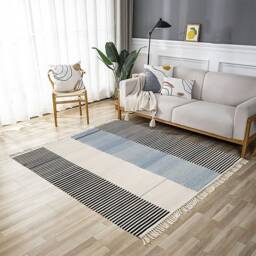 Handblock Printed Cotton Rug, Geometric Boho Area Rug - 3x5 Feet - thumbnail 4