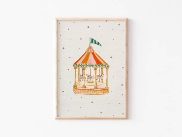 Carousel Art Print -Nursery - Fun Fair Illustration Whimsical Quirky Illustration Unframed Baby Child Artwork Painted - image 1