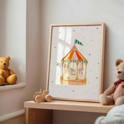 Carousel Art Print -Nursery - Fun Fair Illustration Whimsical Quirky Illustration Unframed Baby Child Artwork Painted - thumbnail 3