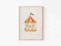 Carousel Art Print -Nursery - Fun Fair Illustration Whimsical Quirky Illustration Unframed Baby Child Artwork Painted - thumbnail 1