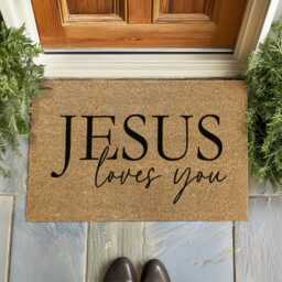 Christian Housewarming Gift - Jesus Loves You Sign Rustic Faith Typography Mat - thumbnail 2