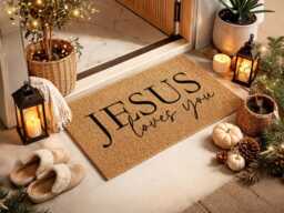 Christian Housewarming Gift - Jesus Loves You Sign Rustic Faith Typography Mat - thumbnail 1