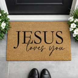 Christian Housewarming Gift - Jesus Loves You Sign Rustic Faith Typography Mat - thumbnail 3