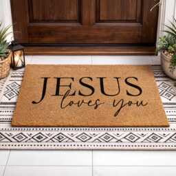 Christian Housewarming Gift - Jesus Loves You Sign Rustic Faith Typography Mat - thumbnail 4