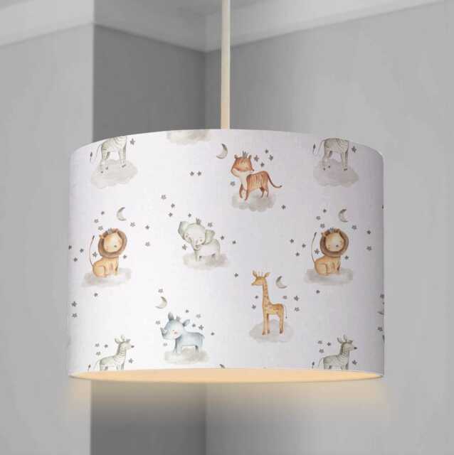 Lampshade - Nursery Ceiling Or Table Lampshade, Cute Safari Stars & Clouds, Children's Room Lampshade, Round Decor - image 1