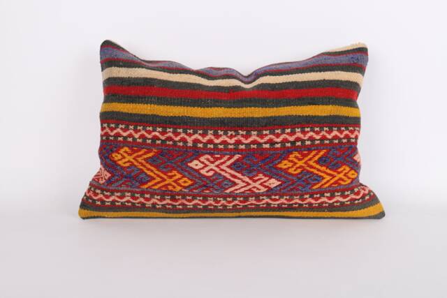 Handwoven Turkish Kilim Lumbar Pillow Bohemian Home Decor - 16x24 Inch - image 1