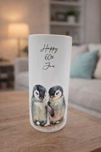 Watercolour Penguin Friends Ceramic Vase/ Flower Pot With Custom Text - The Perfect Gift For Lovers - image 1