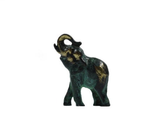 Baby Elephant Solid Bronze Greek Green-Gold Handmade Miniature - image 1