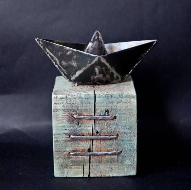 Table Sculpture, Metal Paper Boat Origami Style On Wood Base, Iron Art, Mint Color, Original Artwork By Thesteelstylethings - image 1