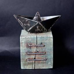 Table Sculpture, Metal Paper Boat Origami Style On Wood Base, Iron Art, Mint Color, Original Artwork By Thesteelstylethings - thumbnail 1