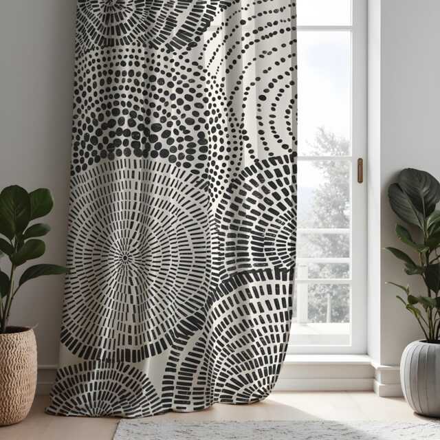 Black & White Modern Curtains, Abstract Circle Pattern Drapes, Custom Made Monochrome Window Panels For Living Room Decor - image 1