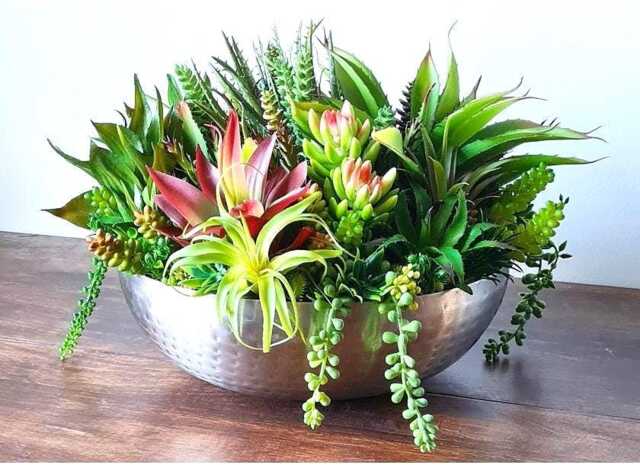 Large Faux Succulent Planter Arrangement Silver Bowl Table Rustic Centerpiece - image 1