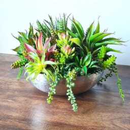Large Faux Succulent Planter Arrangement Silver Bowl Table Rustic Centerpiece - thumbnail 4