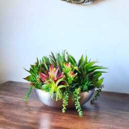 Large Faux Succulent Planter Arrangement Silver Bowl Table Rustic Centerpiece - thumbnail 2