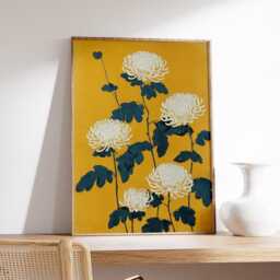 Chrysanthemum Floral Poster Yellow Wall Art, Japanese-Inspired Illustration Print With Bold Botanical Design - thumbnail 2