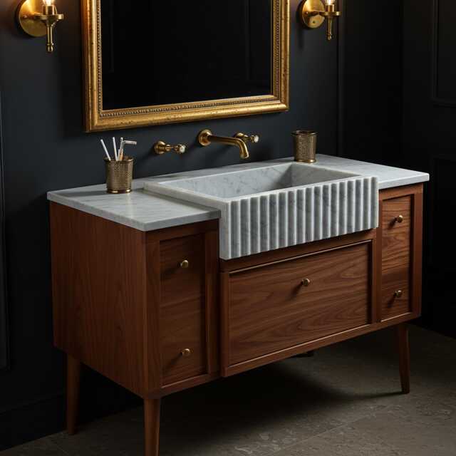Luxury Oak & Marble Bathroom Vanity - Handcrafted Fluted Farmhouse Sink With Brass Fixtures M1F014 - image 1