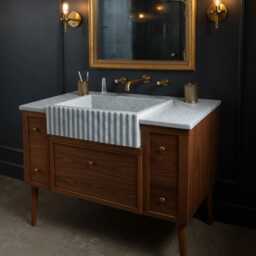 Luxury Oak & Marble Bathroom Vanity - Handcrafted Fluted Farmhouse Sink With Brass Fixtures M1F014 - thumbnail 3