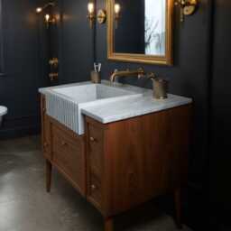 Luxury Oak & Marble Bathroom Vanity - Handcrafted Fluted Farmhouse Sink With Brass Fixtures M1F014 - thumbnail 2