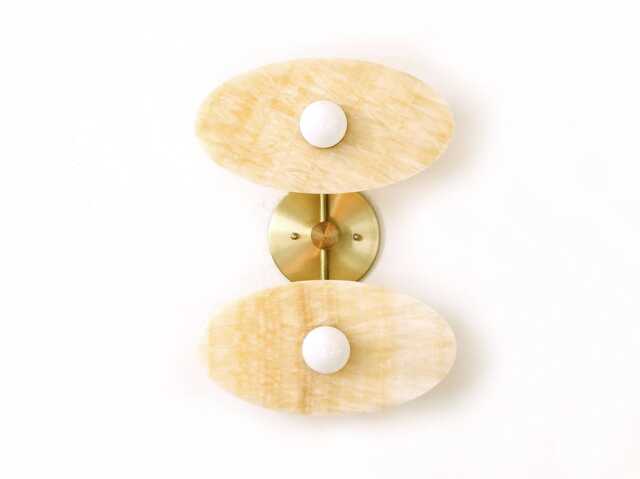 Ellipse Onyx Double Wall Lighting Honey & Brass Sconce Vanity Gold Stone Light Powder Room - image 1