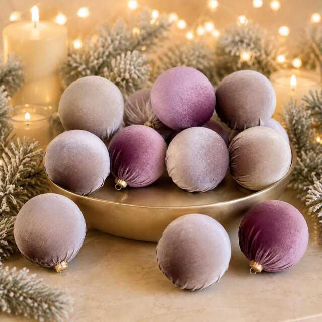 Dusty Mauve Velvet Christmas Ornaments Handmade Flocked Balls, Set Of 12 - image 1