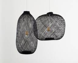 Black Bamboo Rattan Fish Trap Pendant Light - Handwoven Asian Lampshade