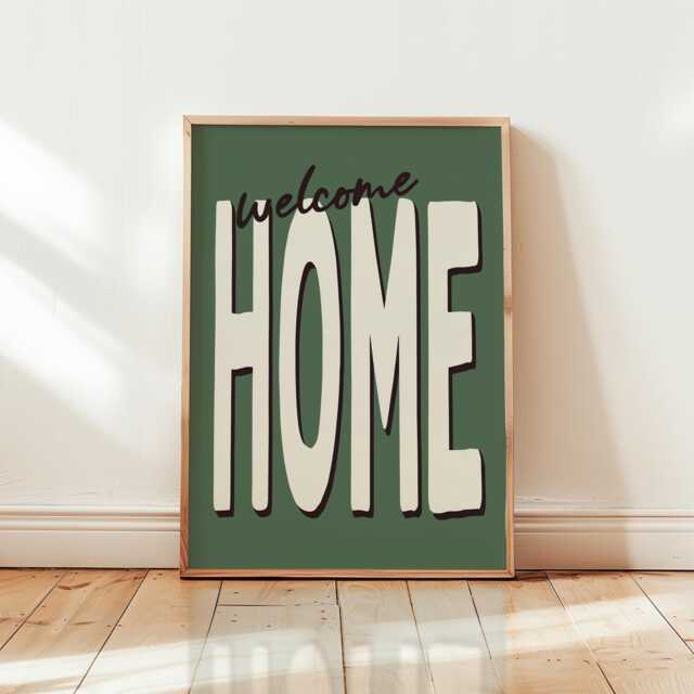 Welcome Home Print, Retro Typography Wall Art, Dark Green Hallway Decor, Living Room Prints/Unframed - image 1
