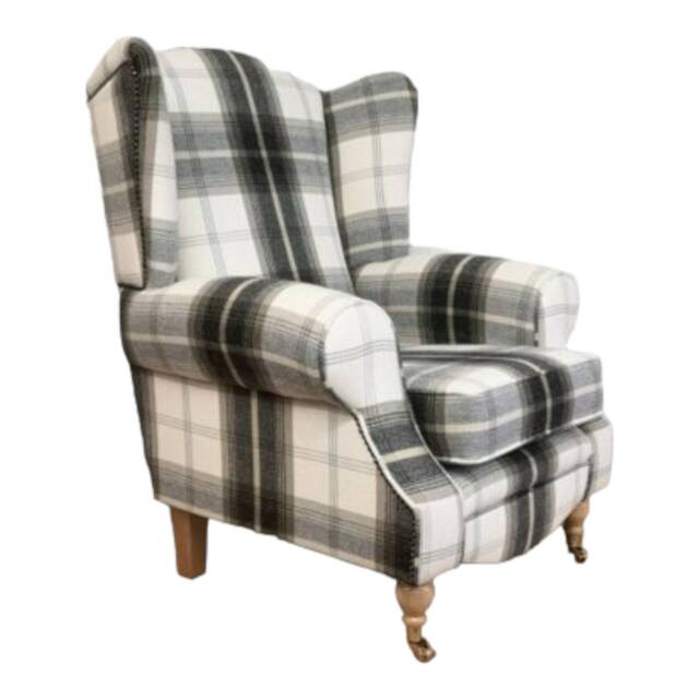 Queen Anne Wing Back Cottage Fireside Chair Balmoral Charcoal Tartan Light Wood Legs - image 1