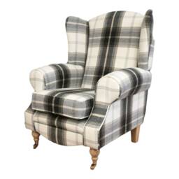 Queen Anne Wing Back Cottage Fireside Chair Balmoral Charcoal Tartan Light Wood Legs - thumbnail 2