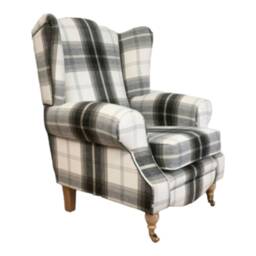 Queen Anne Wing Back Cottage Fireside Chair Balmoral Charcoal Tartan Light Wood Legs