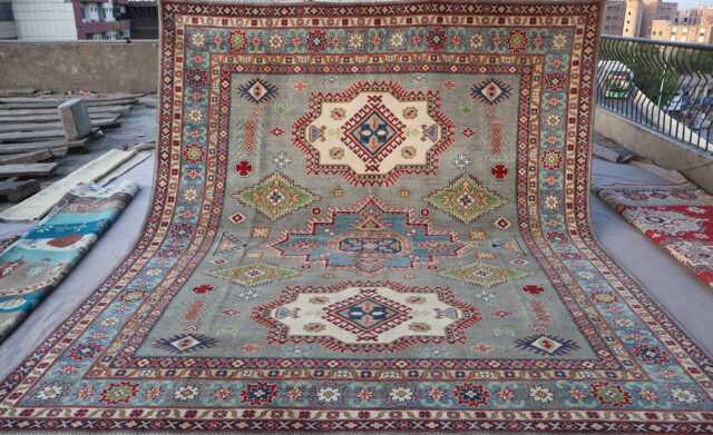8x10 Afghan Heriz Rug, Medallion Serapi Handmade Wool Gray Blue Beige Green, Turkmen Tribal Dining Table Living Room Rug - image 1